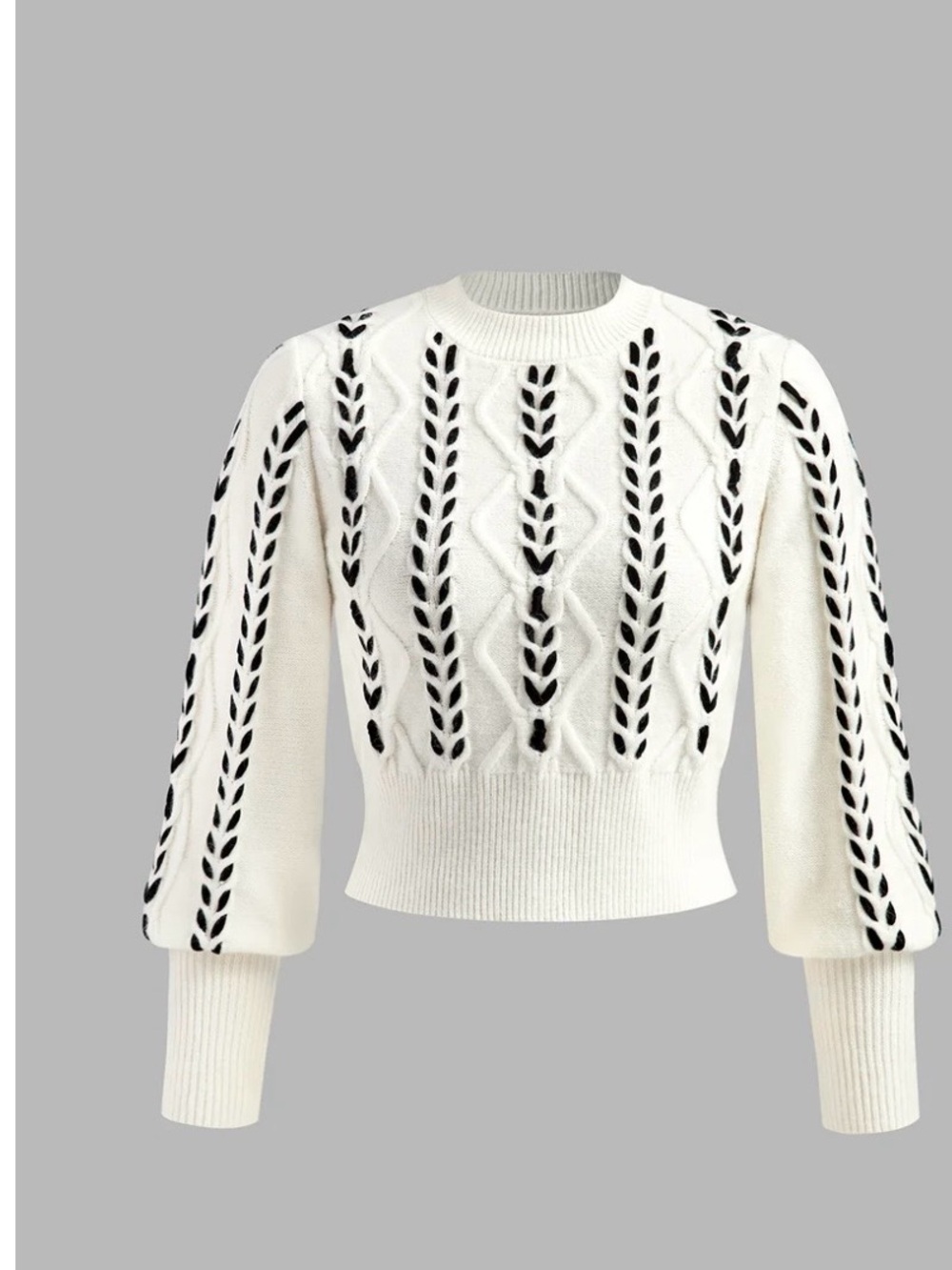 Commense White Knit Crewneck Sweater with Black Ladder Detailing